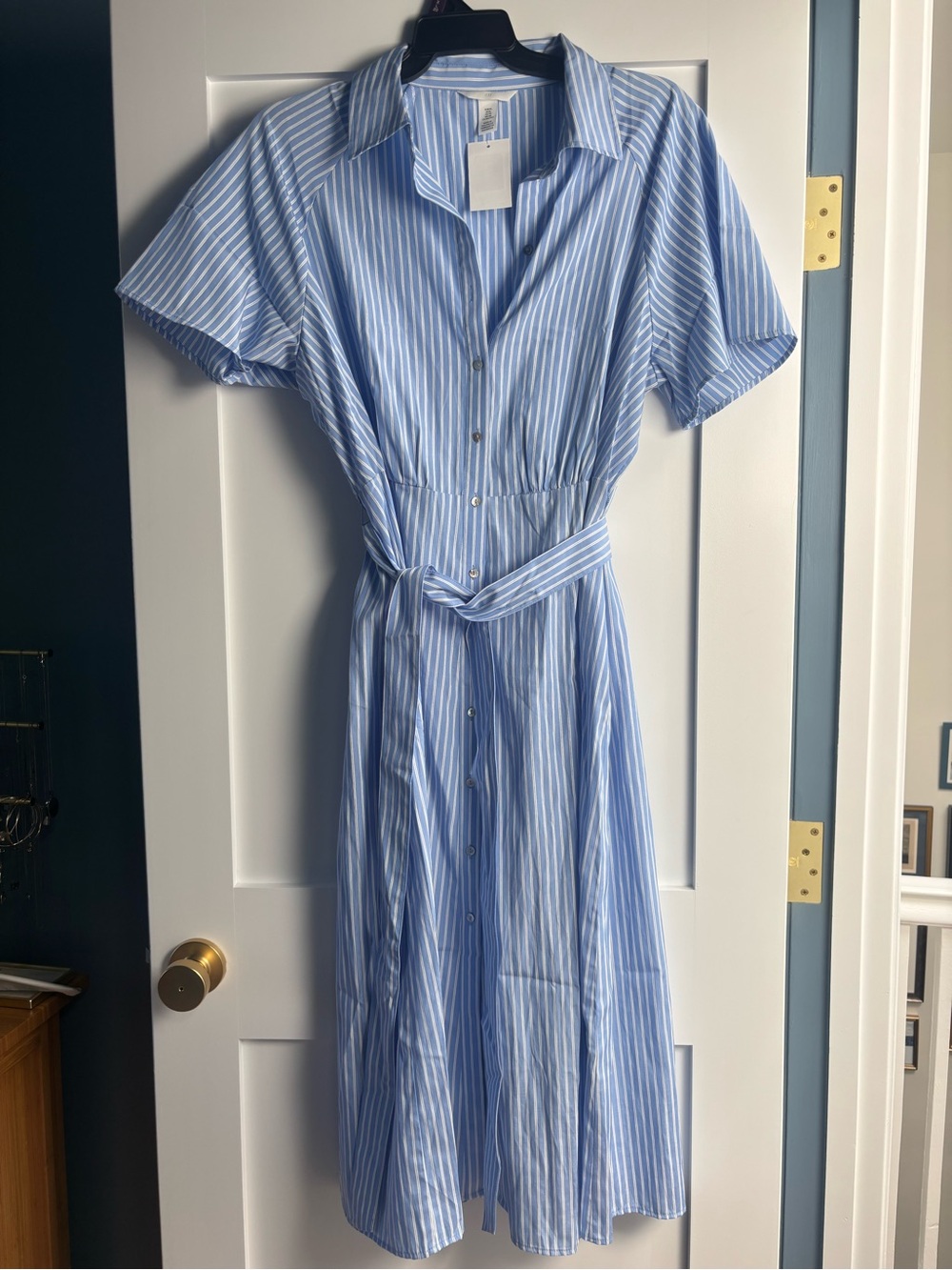 H&M Blue Striped Button-Front Shirt Dress with Tie Belt, XL (NWT)